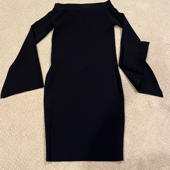 Solace London size 8 black body con stretch dress with Bell sleeves